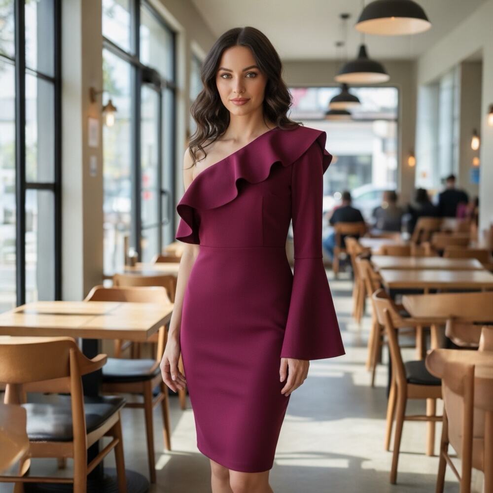 Curvy Sense Maroon Cold Shoulder Bell Sleeve Ruffle Bodycon Statement Dress 3X